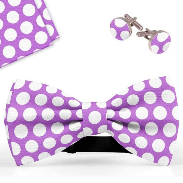 Set papion barbati, batista, butoni, mov, buline albe mari